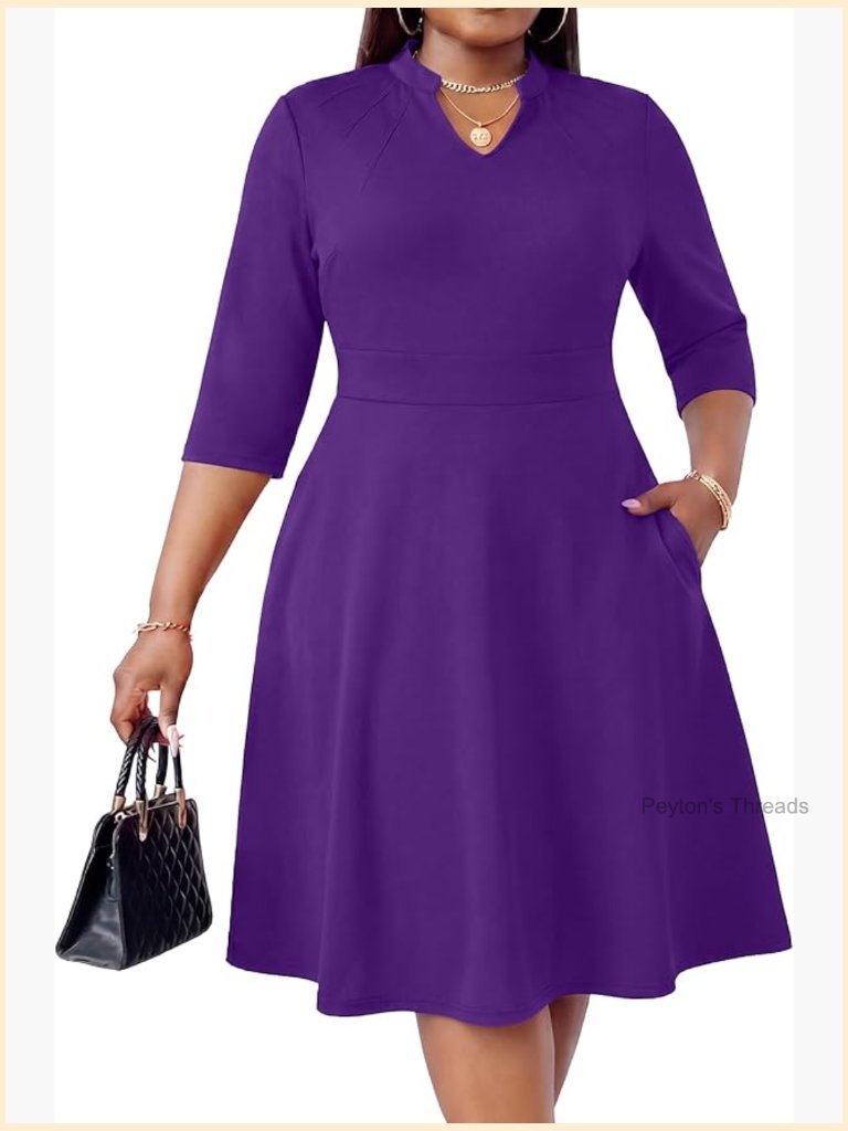 Plus Size Midi A-Line Dress With Pockets 3/4 Sleeve V-Neck